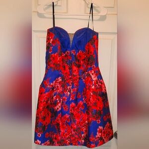 New B Darlin Strapless Sweetheart Red Blue Floral Print Mini Dress Jnrs 11/12